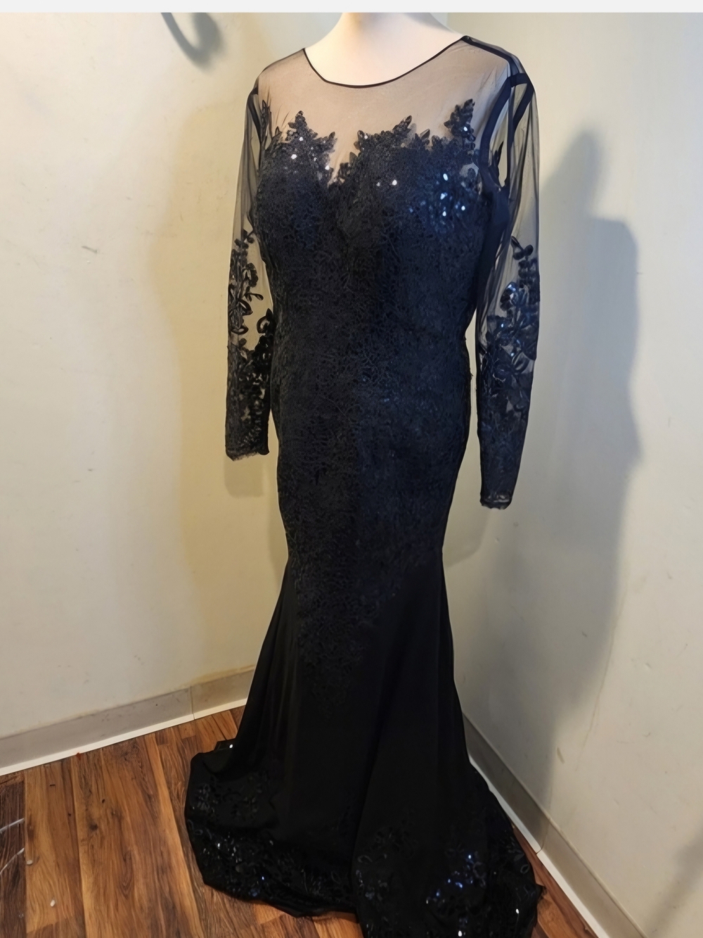 Black Long-Sleeve Lace Illusion Evening Gown